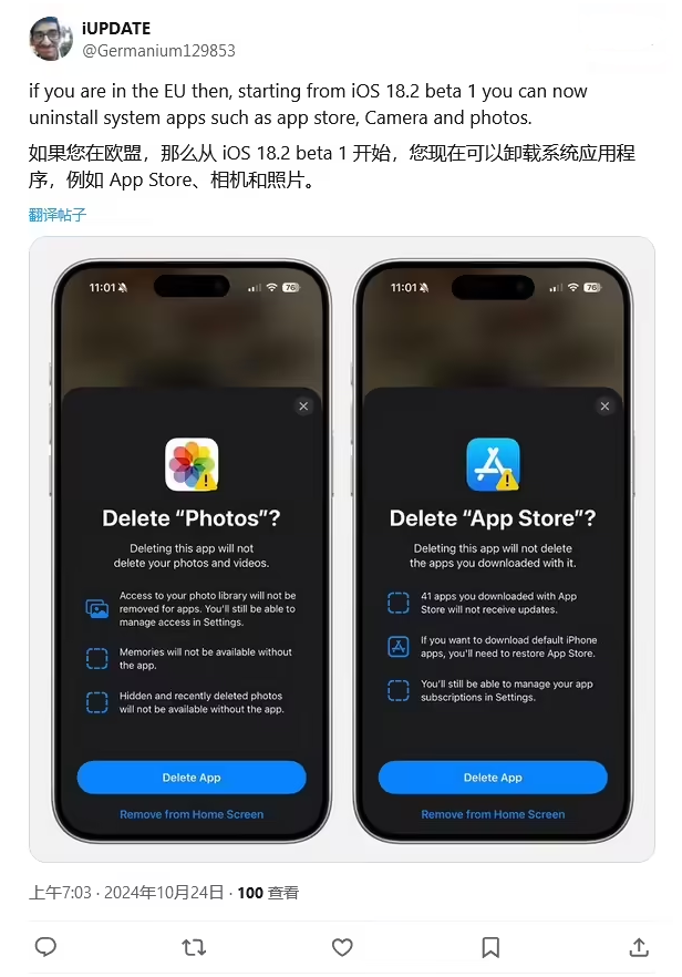 托克托苹果手机维修分享iOS 18.2 支持删除 App Store 应用商店 