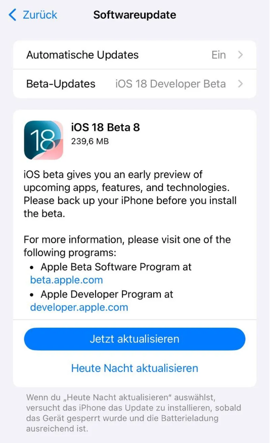 托克托苹果手机维修分享苹果 iOS / iPadOS 18 开发者预览版 Beta 8 发布 
